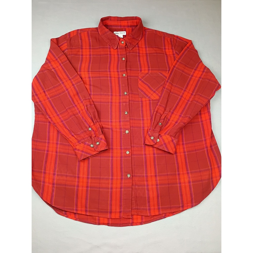 Ava & Viv Womens 2X Red Orange Plaid Button Down Shirt Long Sleeve Blouse
